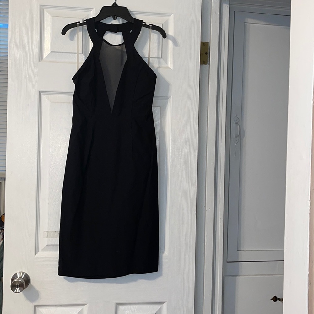 Black Illusion deep v neckline midi dress